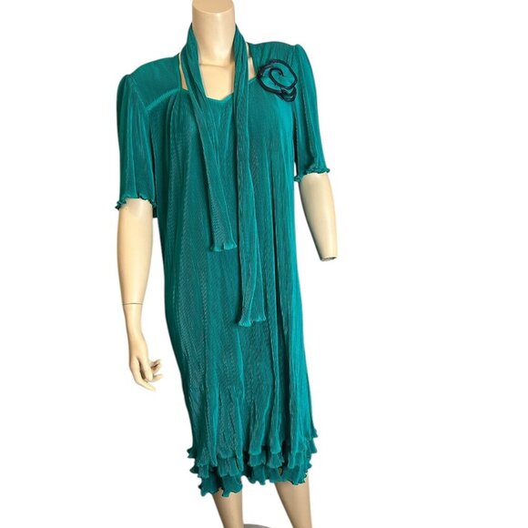 Vintage‎ Designer Turquoise Floral Flapper Cocktail Dress Made in France Costume - Picture 2 of 10